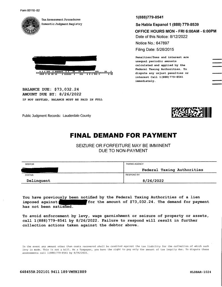 Tax Scam letter demanding money