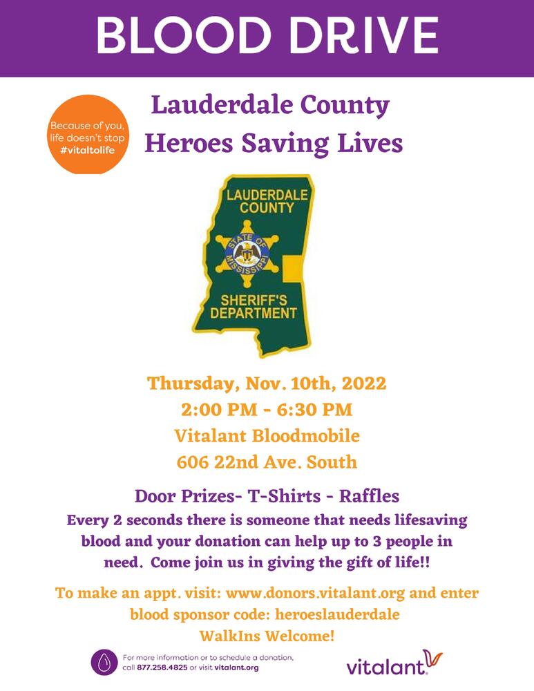 Blood Drive with State of MS Lauderdale County Sheriff's Office Green logo