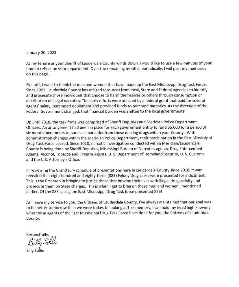 Letter from Sheriff Sollie outlining tenure in black and white