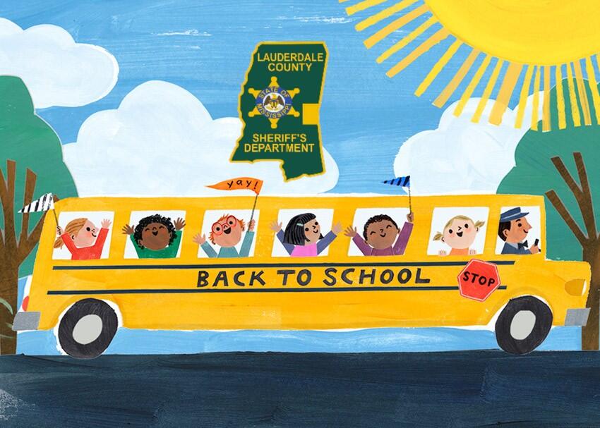 Yellow school bus with children of all races waving with yellow sunshine and blue sky. Also, green and gold LCSO department patch in the shape of MS.