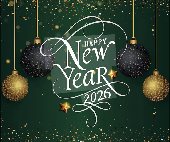 Gold and black sparkling Christmas ball ornaments hanging from a gold thread with sparkling gold stars and confetti on a green background.